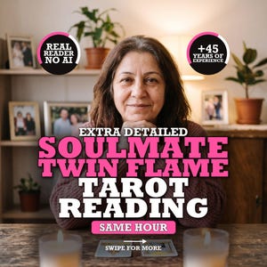 May include: A person with brown hair wearing a maroon sweater, positioned behind a wooden table with two lit candles and tarot cards. Text overlays include: REAL READER NO AI, +45 YEARS OF EXPERIENCE, EXTRA DETAILED SOULMATE TWIN FLAME TAROT READING, SAME HOUR, SWIPE FOR MORE.