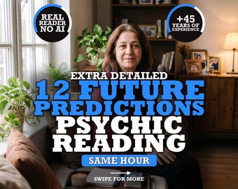 May include: A person sits on a sofa with text overlays reading REAL READER NO AI, +45 YEARS OF EXPERIENCE, EXTRA DETAILED 12 FUTURE PREDICTIONS PSYCHIC READING, SAME HOUR, and SWIPE FOR MORE. A tray with a small candle and cards sits in the foreground.