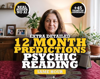 May include: A person sits behind a table with cards arranged in a circle. Text overlays read: REAL READER NO AI, +45 YEARS OF EXPERIENCE, EXTRA DETAILED 12 MONTH PREDICTIONS PSYCHIC READING, SAME HOUR, and SWIPE FOR MORE. A small desk calendar is visible.