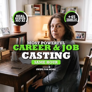 May include: A person sits at a wooden desk with text overlays reading REAL READER NO AI, +45 YEARS OF EXPERIENCE, MOST POWERFUL CAREER & JOB CASTING, SAME HOUR, and SWIPE FOR MORE. The desk features a candle, a key, and books on shelves.