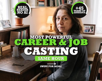 May include: A person sits at a wooden desk with text overlays reading REAL READER NO AI, +45 YEARS OF EXPERIENCE, MOST POWERFUL CAREER & JOB CASTING, SAME HOUR, and SWIPE FOR MORE. The desk features a candle, a key, and books on shelves.