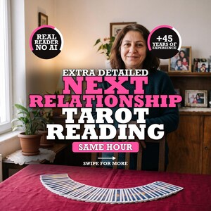 May include: A tarot card reading service advertisement featuring text that reads EXTRA DETAILED NEXT RELATIONSHIP TAROT READING SAME HOUR. A fan of tarot cards is spread across a red tablecloth in front of a person in a dark sweater.