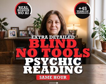 May include: A person sits at a wooden table with text overlays reading: REAL READER NO AI, +45 YEARS OF EXPERIENCE, EXTRA DETAILED BLIND NO TOOLS PSYCHIC READING, SAME HOUR, and SWIPE FOR MORE. The background features a lamp and plants.