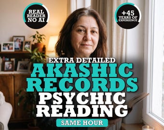 Op de afbeelding: Een persoon houdt een open boek vast met de tekst: EXTRA DETAILED AKASHIC RECORDS PSYCHIC READING, REAL READER NO AI, +45 YEARS OF EXPERIENCE, SAME HOUR en SWIPE FOR MORE. De persoon heeft bruin haar en staat bij een raam.