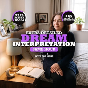 May include: A person sits on a bed next to a nightstand with a lamp, a moon-shaped candle holder, and an open notebook with a pen. Text overlays read: REAL READER NO AI, +45 YEARS OF EXPERIENCE, EXTRA DETAILED DREAM INTERPRETATION, SAME HOUR, SWIPE FOR MORE.