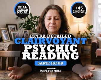 May include: A person with eyes closed sits at a wooden table with a lit candle. Text overlays read: REAL READER NO AI, +45 YEARS OF EXPERIENCE, EXTRA DETAILED CLAIRVOYANT PSYCHIC READING, SAME HOUR, and SWIPE FOR MORE with an arrow icon.