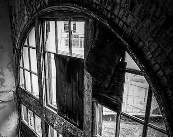 Urban Exploration Photography Print | Black and White | Curved Window Archway | Wall Art | Urbex Photo