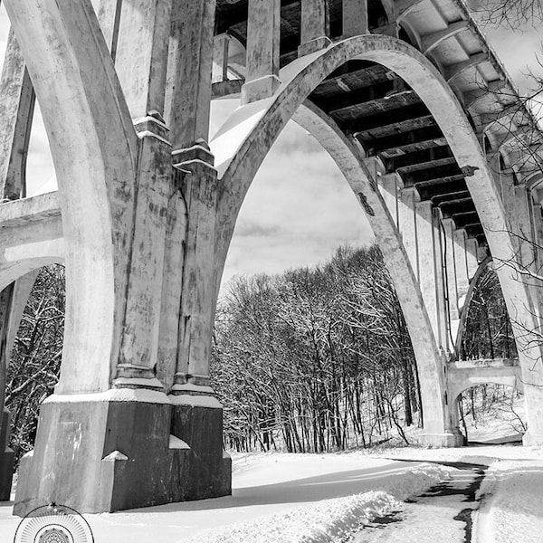 Bridge In Snow Covered Winter Landscape | Black and White Photo | Architecture Wall Art