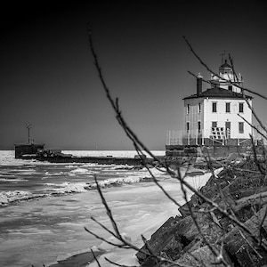Lighthouse In Winter Landscape Photography Print | Black and White | Fine Art Photo | Wall Art Home Decor | Great Outdoors