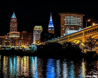 Cleveland Ohio Skyline At Night Photography Print | Colorful Reflection In Water | Cityscape Photo | The Land | Wall Art