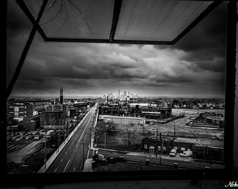 Cleveland Ohio Skyline Through Open Window Photography Print, Black and White, Architecture, Cityscape