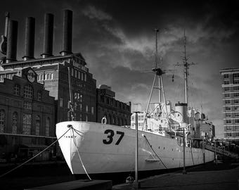 Baltimore Inner Harbor Ship Photography Print: Black and White Nautical Wall Art
