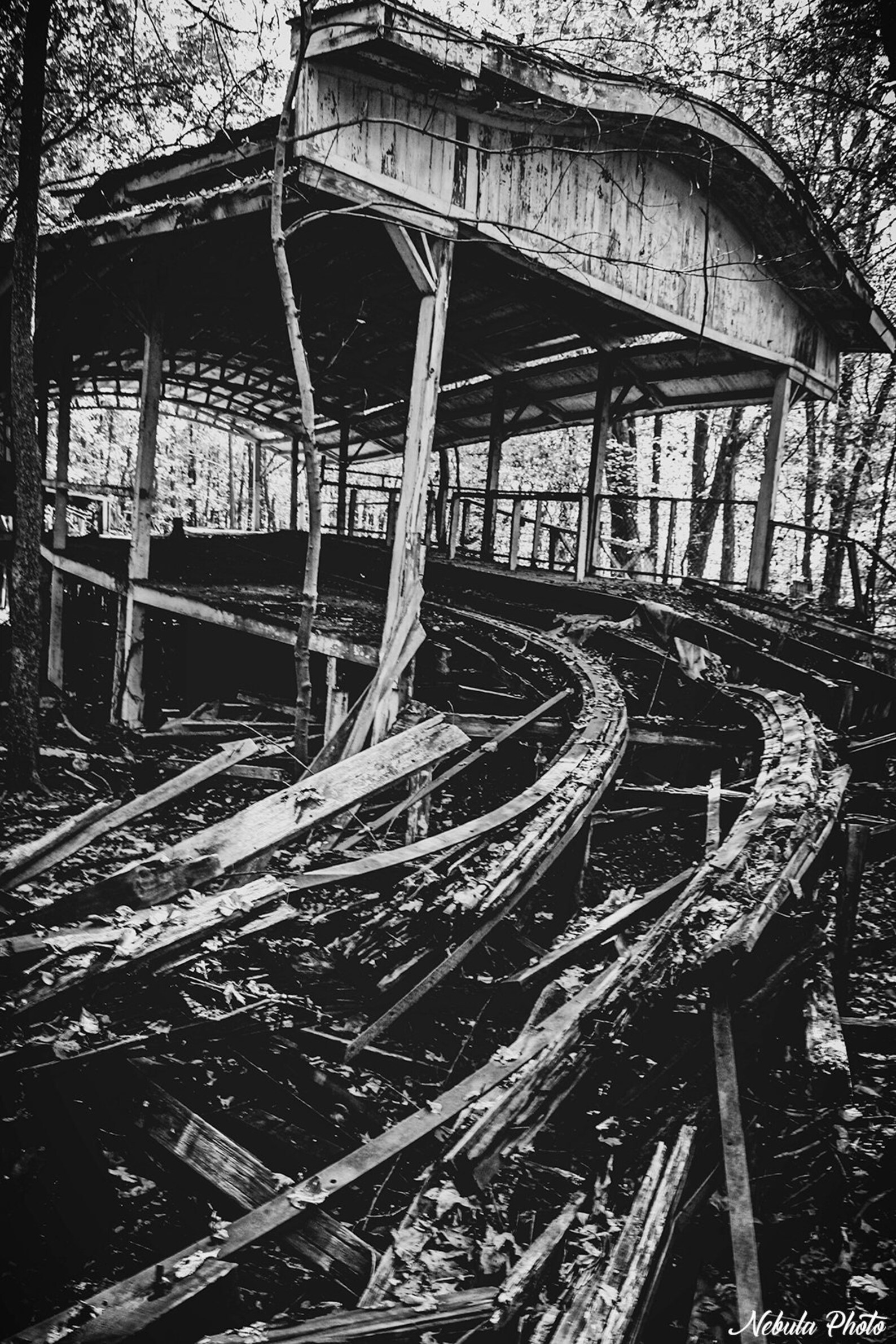 Abandoned Roller Coaster Station Urbex Photography Print Black and