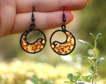 Black Round Copper Earrings with sun stone Tribal Spiral Earrings Pagan Small Copper Wire Earrings Gift for Women