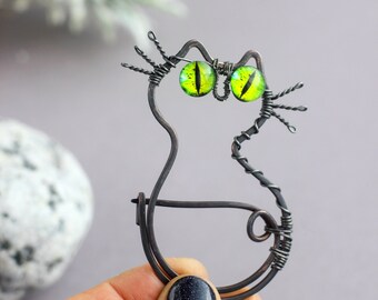 Cat Shawl Pin Shawl Brooch Small Black Cat Brooch with green eyes Copper Brooch for Scarf Brooch for sweater Gift for Women