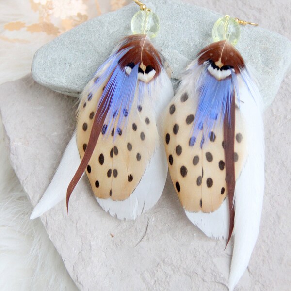 Beige Feather Earrings Feather Earrings "Snow Jaguar" Beige Feather Earrings Gypsy Feather Earrings Boho Feather Earrings Shamanic Earrings 