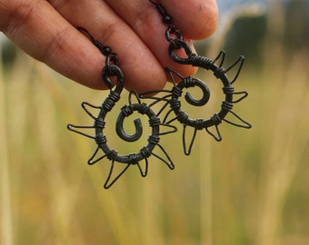 Black Sun Earrings Spiral Copper Earrings Solstice Earrings Pagan Spiral  Copper Wire Earrings Gift for Women
