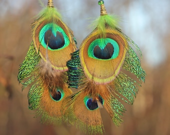 Peacock Feather Earrings Long Green Feather Earrings Wedding Feather Earrings Peacock Tribal Feather Earrings Gift for Women
