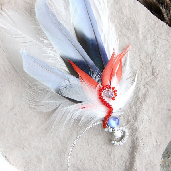 Ear Cuff Red Ear Cuff Blue Feathers Ear Cuff «Burning Ice» - Tribal Feather Ear Cuff Bohemian Feathers Boho Feathers Shamanic Feathers 