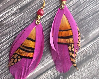 Purple Feather Earrings Long Feather Earrings Purple and orange Feather Earrings Shamanic Feather Earrings Gift for Women