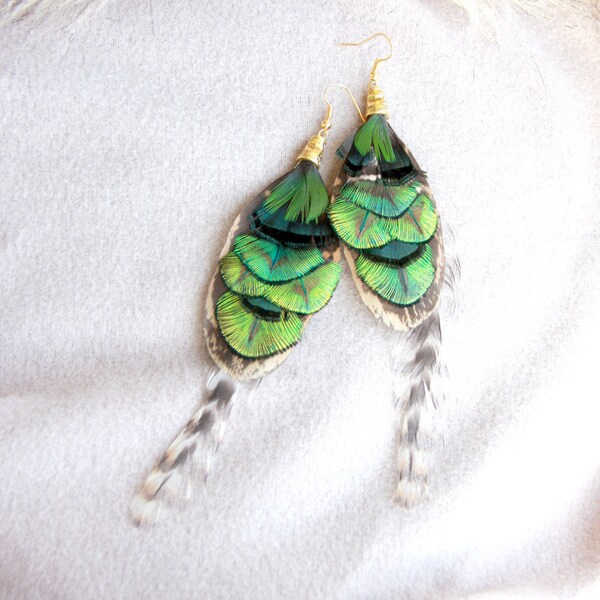 Green Feather Earrings "Green Holiday" – Green Feather Earrings - Green Feather Green Earrings Bohemian Feathers Boho Green Feathers
