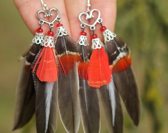 Red Feather Earrings Small Feather Earrings Gray and red Feather Earrings Gift for Women