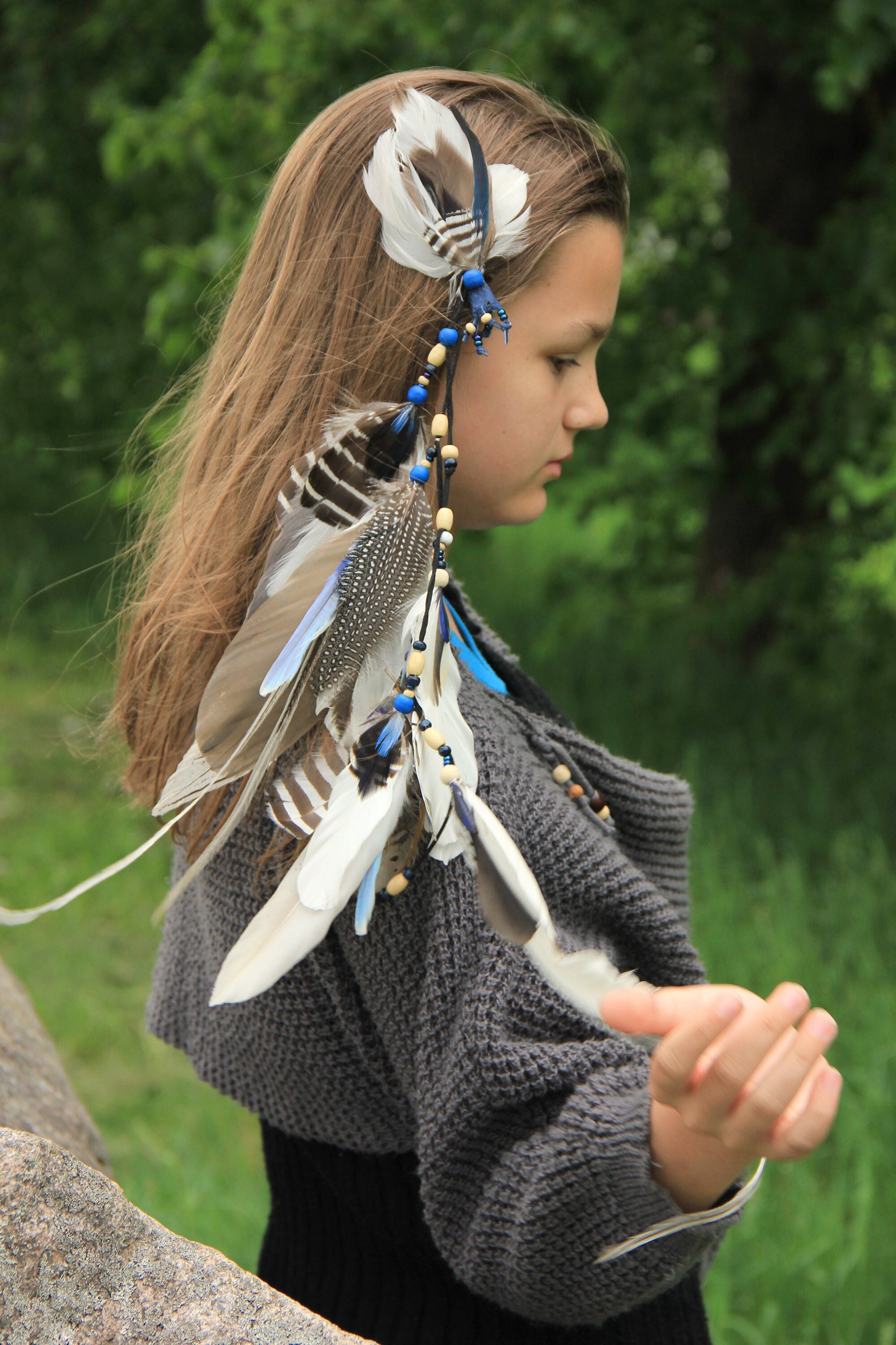 Blue And White Long Feather Hair Clip Long White Feather Hair Etsy