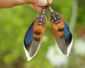 Blue Feather Earrings Small Blue Feather Earrings Shamanic Feather Earrings Women Feather Earrings