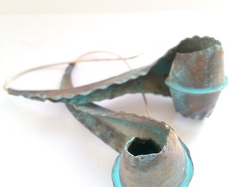 Copper fold form earrings verdigris, Sterling silver hook, Under the sea.