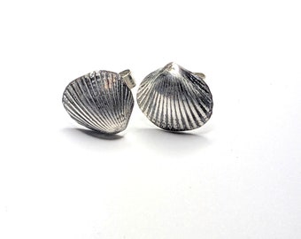 Può includere: Un paio di orecchini a bottone in argento a forma di conchiglia. Gli orecchini sono in metallo e hanno un design a conchiglia dettagliato.