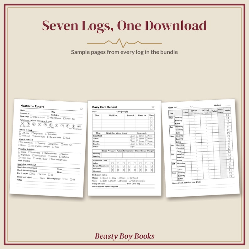 Large Print Health Log Bundle, Printable PDF, 7 Trackers: Blood ...