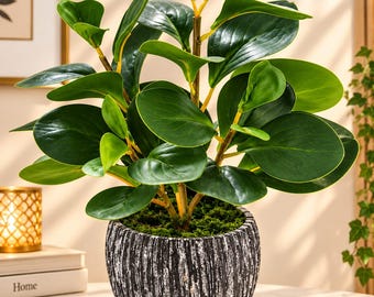 Planta artificial en maceta, follaje sintético en maceta rústica, decoración botánica para escritorio, acento moderno para el hogar.