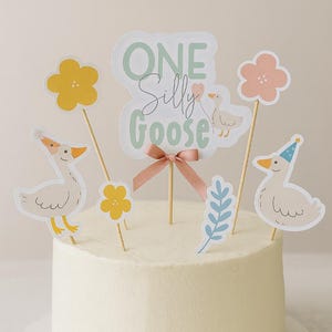 One Silly Goose Cake Topper Set – First Birthday Decorations | 7-Piece Goose Theme Party Picks | Pastel Animal Cake Decor for Girl or Boy