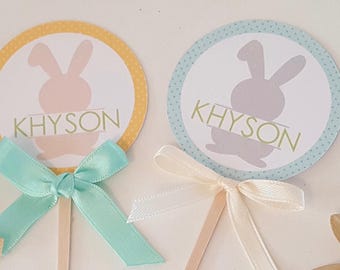 Personalized Name Bunny CUPCAKE TOPPERS custom Bunny Birthday Party Decorations Food Picks Spring Birthday Easter Party