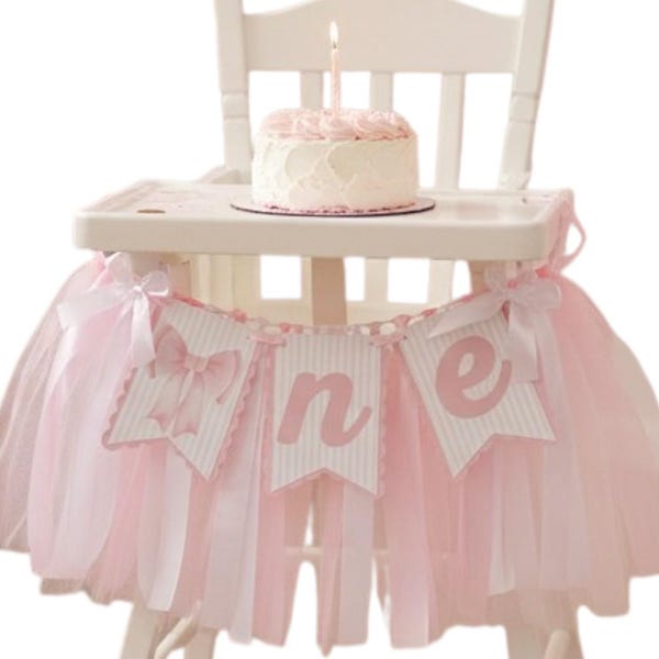 Pink Bow Themed "One" High Chair Banner | First Birthday Tulle Skirt for Girl | Smash Cake Party Decor with Bows | Fully Assembled