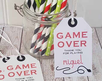 Game Over Favor Tags, Gaming Party Decor,  gift tags, Thank you labels, 12 count, set, Birthday gift tags custom colors