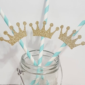 Prince crown paper straws drinking straws tableware gold silver blue party decor dessert display boy birthday baby shower