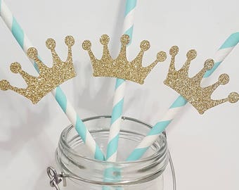 Prince crown paper straws drinking straws tableware gold silver blue party decor dessert display boy birthday baby shower