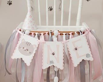 Kitty Cat High Chair Banner in Pink and Gray. Customize your colors!