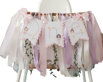 Fairy First Birthday High Chair Banner: Floral Garland Decor