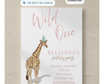 Wild One Pink Safari Geburtstagseinladung, Partytiere einladen, bearbeitbare Canva Vorlage (digitaler Download)