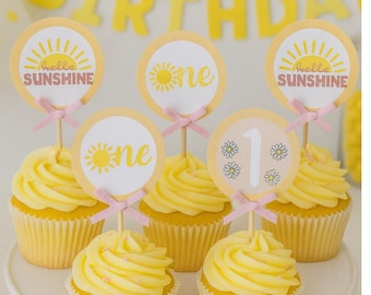 Hello Sunshine First Birthday Cupcake Toppers: Pink Bow, Set of 12