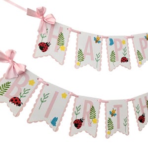 May include: A white banner with pink scalloped edges spells out "HAPPY BIRTHDAY" with pink letters. Each flag features a ladybug, bee, butterfly, and floral accents. Pink ribbons and bows are attached.