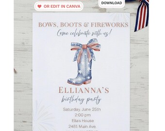 Bögen, Stiefel und Feuerwerk Geburtstagseinladung, Party am vierten Juli einladen, bearbeitbare Canva-Vorlage (Digitaler Download)
