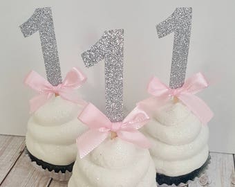 Number Age 1 silver pink custom colors Glitter cupcake toppers any age with bow 1st birthday baby girl birthday party decoration