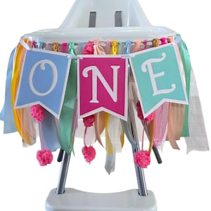 Bright Colors High Chair Banner. ONE banner.  Rainbow Color Garland. 1st Birthday Decorations. One Banner. 1st Birthday. Tulle and Ribbon.