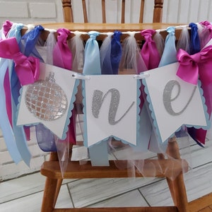 Disco Theme High Chair Banner | First Birthday ONE Banner | Pink & Blue Cake Smash Decoration | 1st Birthday Party Decor  Glitter Disco Ball