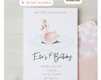 Schwanenprinzessin Einladung zum 1. Geburtstag, Baby Girl Party einladen, bearbeitbare Canva Vorlage (digitaler Download)