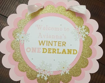 Winter Onederland Party Door Sign 1st birthday party decorations decor pink gold blue snowflakes