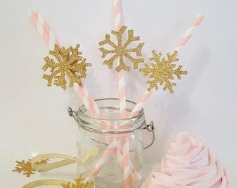 Winter Onederland Snowflake Straws, Paper Straws, Decorations, Birthday, Pink and Gold Decor, Glitter, Drinking Straws, Tableware 10 pc